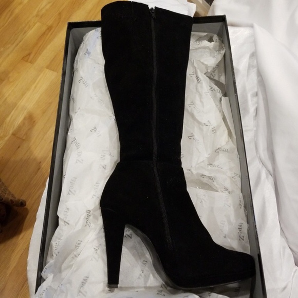 Suede High Heel Boots, Black, Size 9